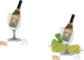 Two empty wine bottles resting in wine glasses with grapes and corks vector
