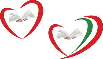 Open books flying out of heart shape on white background vector