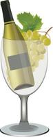 White wine bottle resting in wine glass with green grapes vector