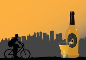Cyclist relaxing with a drink at sunset over city skyline vector