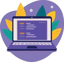 Laptop showing code on screen surrounded by leaves on purple background vector