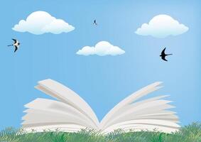 Open book lying in the grass is soaring through a cloudy sky vector