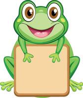 Smiling green frog holding empty board banner vector