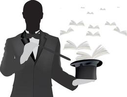 Magician conjuring flying books from top hat with magic wand vector