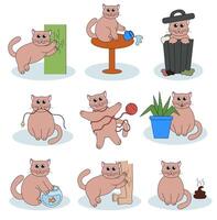 Set of problem with cat behavior. Kitten scratches, eat plant, pushes cup off the table, goes to the toilet, digs in the garbage, fishing. Cute hand drawn flat illustration. vector