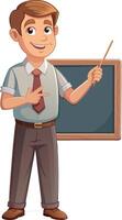 Smiling teacher explaining lesson on blackboard with pointer vector