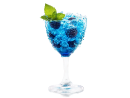Blue raspberry soda in a twisted glass blue raspberries and mint leaves vibrant and playful png