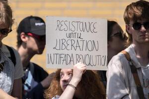 Billboard Resistance Until Liberation Intifida Revolution At The Student Demonstration Free Palestinian At The UVA University Amsterdam The Netherlands 13-5-2024 photo