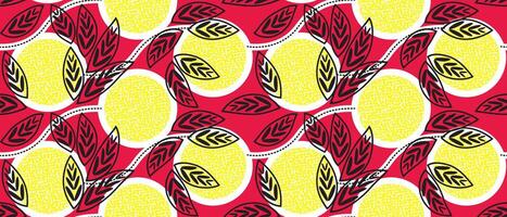 Yellow circle African fabric pattern on a red background.Abstract pattern, leaf design in African style, vibrant colors, used for clothing, seamless fabric pattern.Beautiful fabric pattern vector