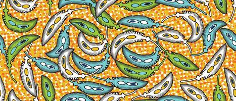 Peacock feather abstract design, beautiful African-style fabric pattern with multicolored feathers on an orange background, seamless vibrant pattern for fashion.Ankara prints, African wax prints. vector