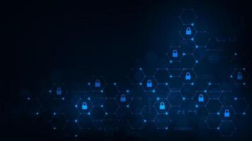 Cyber security concept. Lock symbol with line hexagon technology security network and data security protection on blue background. vector