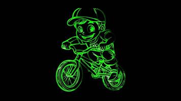 Neon frame effect, BMX rider performing a cool trick with a happy face on black background video