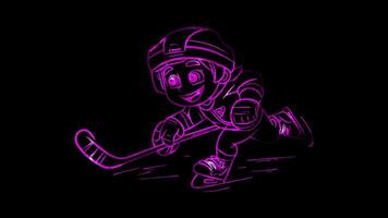 Neon frame effect, hockey player with a big grin skating across the ice on black background video