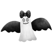 floating ghost has black and white wings with a black bow with white dots on its head. png