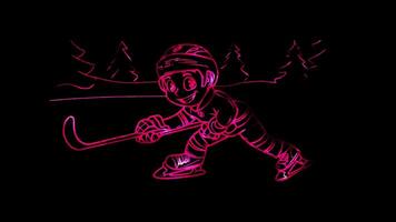 Neon frame effect, hockey player with a big grin skating across the ice on black background video