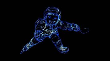 Neon frame effect, hockey player with a big grin skating across the ice on black background video