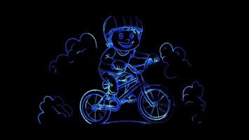 Neon frame effect, BMX rider performing a cool trick with a happy face on black background video