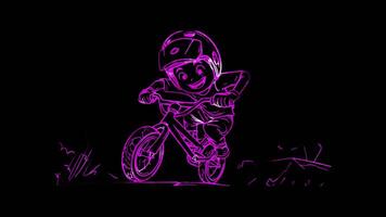 Neon frame effect, BMX rider performing a cool trick with a happy face on black background video
