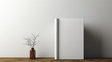 Mock up blank book in interior with vase photo