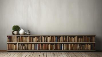 Wooden bookshelf with books and vase in the room photo