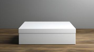 White box mockup on wooden table. photo