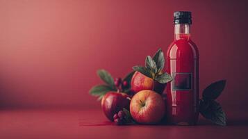 bottle of apple juice on a red background with apples and berries photo