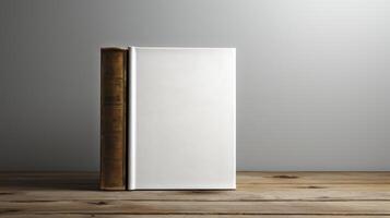 Blank book on wooden table and grey wall background photo