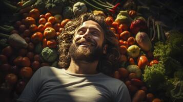 Man Smiling Surrounded by Fresh Produce. photo