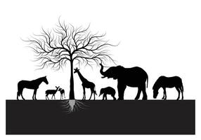 Flora fauna silhouette of tree, elephant, horse, zebra and deer. Isolated on white background. vector