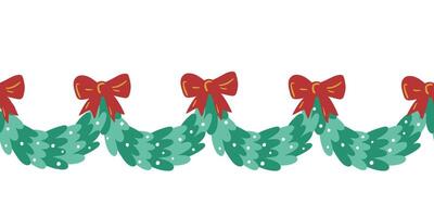 Christmas tree garland with red bows seamless border pattern. illustration in simple hand drawn childish cartoon style. Isolate on a white background vector