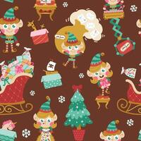 Christmas elf characters seamless pattern in simple hand drawn cartoon style. illustration of fairy tale characters collecting gifts for children on chocolate brown background vector
