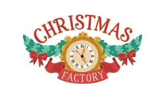 Christmas factory lettering on ribbon composition with clock, Christmas tree garlands with bows. Hand drawn cartoon illustration in retro style. Isolate on a white background vector