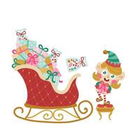 Elf is a Christmas character in a simple hand-drawn cartoon style. illustration of a fairy-tale hero working and making gifts for children in Santa's sleigh. Isolate on a white background vector