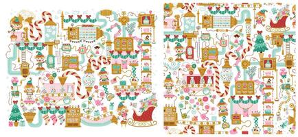 Christmas factory seamless pattern with elves packing gifts for children. Hand drawn cartoon illustration in retro style, fantasy mechanisms, tools, pipes. Isolate on a white background vector