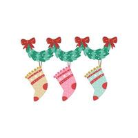 Christmas tree garland with red bows and colorful socks for candy and gifts. illustration in simple hand drawn childish cartoon style. Isolate on a white background vector