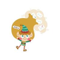 Christmas elf carries a sack of letters to Santa. Characters simple hand-drawn cartoon style. illustration of a fairy tale hero working with gifts for children. Isolate on a white background vector