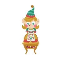 Elf girl Christmas character in a simple hand-drawn cartoon style. illustration fairy-tale hero working and collecting a sweet package of candies for children. Isolate on a white background vector