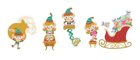 Elf Christmas character set in simple hand-drawn cartoon style. illustration of fairy-tale heroes working to collect gifts for children. Isolate on a white background vector