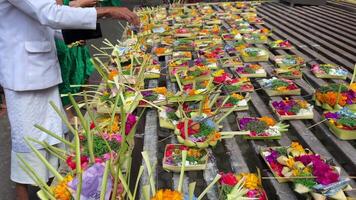 Close-up of Canang Sari, small offering baskets at a temple in Ubud, Bali video