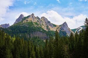 Mountain landscape with green meadow, surrounded by pine forests and snow-capped peaks under clear sky. Tatra mountains in Zakopane, Poland. Giewont summit photo