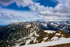 Panoramic view of snow-capped mountain range against cloudy sky. Tatra mountains in Zakopane, Poland. Giewont mountain summit. Natural landscape photo