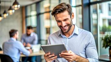 a man is smiling while using a tablet photo