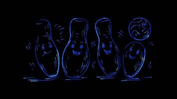 Neon frame effect, Bowling pins with cute faces being knocked down on black background video