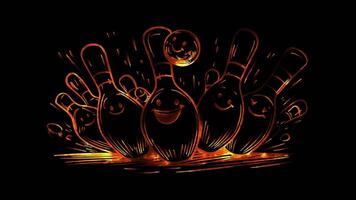 Neon frame effect, Bowling pins with cute faces being knocked down on black background video