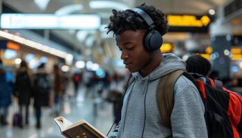 Teenage boy at a busy airport terminal, wearing noise-cancelling headphones, calmly reading a book photo