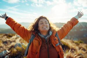 Middle-aged hiker reaching the summit of a hill with arms open wide, facing the horizon, symbolizing accomplishment and personal well-being photo