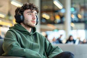 Young tired man wearing noise-cancelling headphones have a rest in a bustling office space wearing noise-cancelling headphones photo