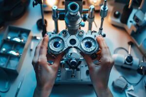Close-up of hands adjusting a phoropter, with lens cases and diagnostic tools on a nearby table photo