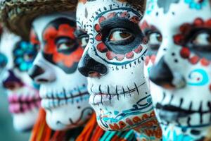 People with their faces painted to resemble skulls, incorporating various patterns and designs photo