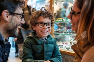 5 years old boy sitting excitedly at an eyeglasses shop, trying on a pair of frames, with parents photo